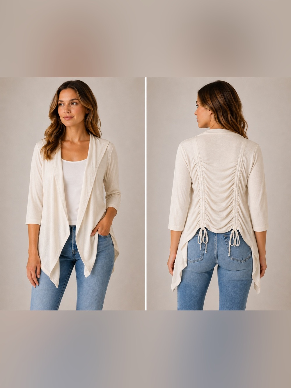 PLANET GOLD Women's M Cream Ruched-Back Open Front Cardigan Sweater 3/4 Slv